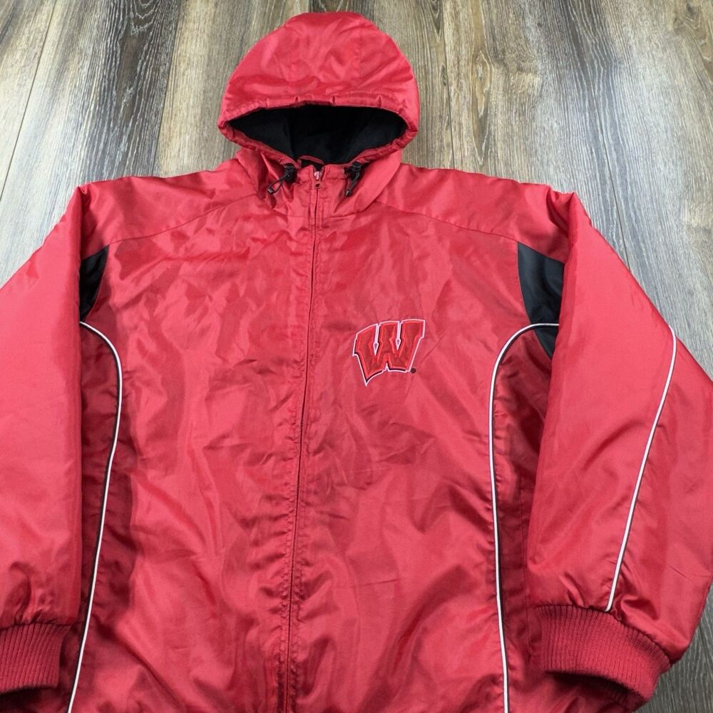 Vintage Wisconsin Badgers Jacket Mens XXL Red NCAA Football Zip Up Hooded Coat